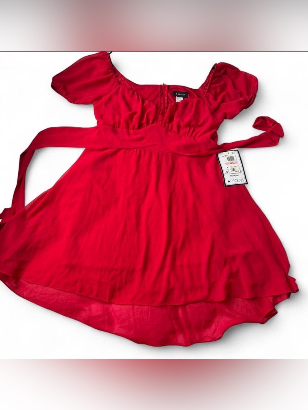 B Darlin Bright Red Girls' Short Puff Sleeve Dress with Sash
